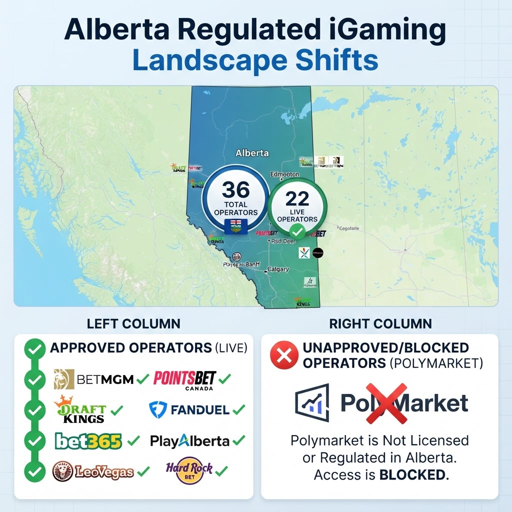 Alberta iGaming Grows to 36 Operators as Polymarket Exits 2026
